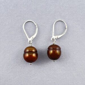 Honora Pearl Dangle Earrings 925 Sterling Silver Brown Bronze Ringed Drop Signed